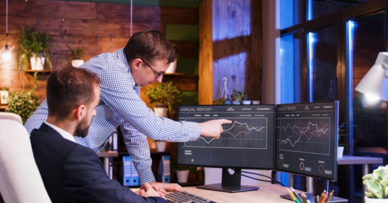 MyFastBroker trading platform interface with stock market charts and financial data on a computer and mobile screen